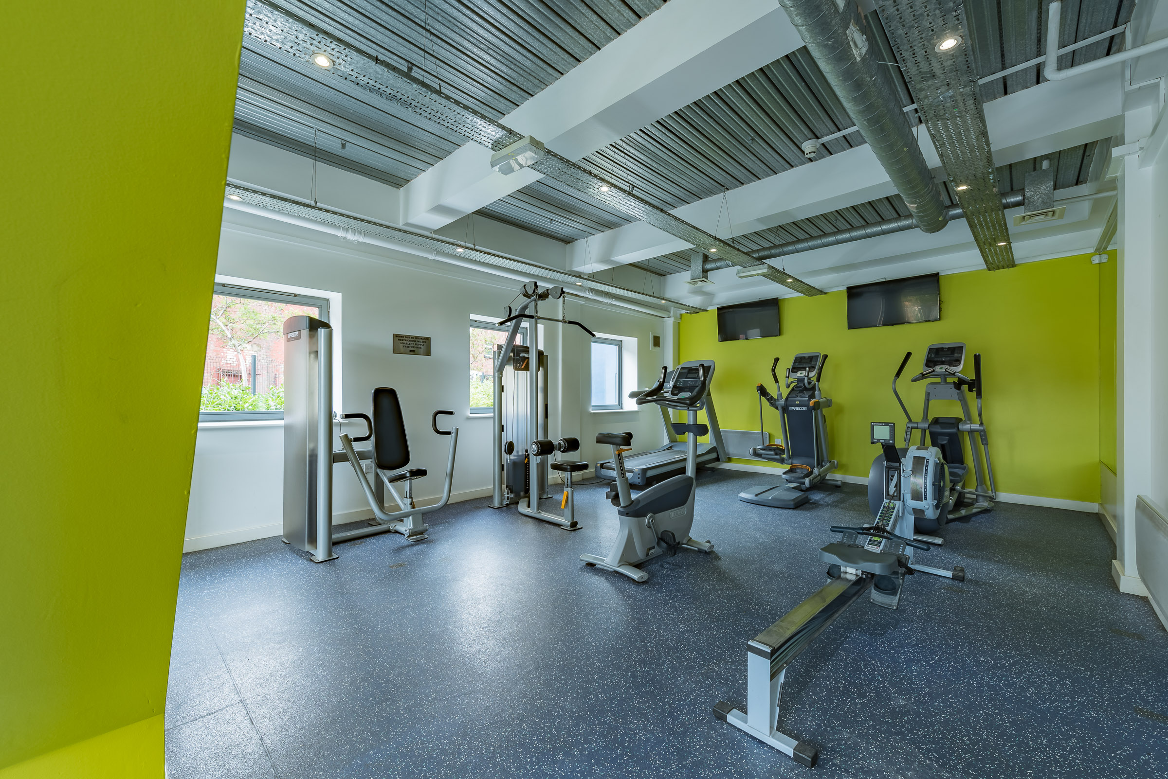 Bright green walls of the gym, with gym apparatus in the background
