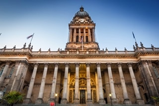 Evening lighting at the front looking at Leeds Town Hall
