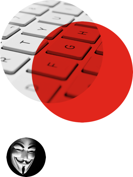 Abstract circles with keyboard and 'Anonymous' mask