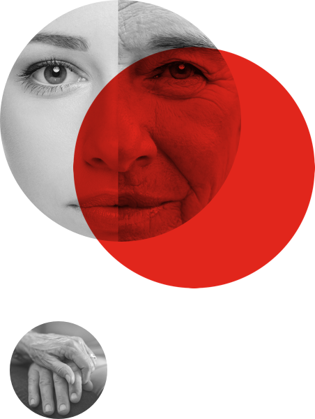 Abstract circles with female face and hands